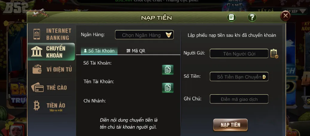 Các thao tác nạp và rút tại đánh bài đổi thưởng B52